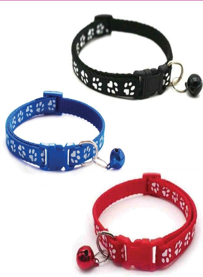 D&C PAWS Cat Collars with Bell | Soft Adjustable Breakaway Collars for Cats, Kittens & Small Dogs | Safe, Comfortable, Cute Paw Print Design Pet Collars (Set of 3-Blue,Black,Red) - Image 1